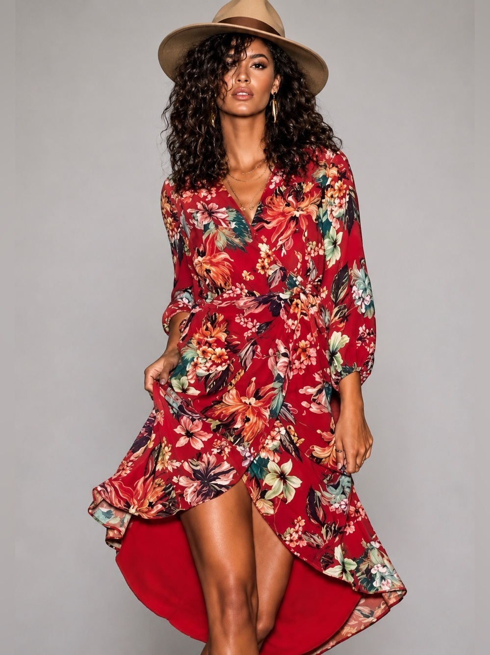 New York & Company Sweet Pea Red Floral Wrap Midi Dress Medium Boho Long Sleeve